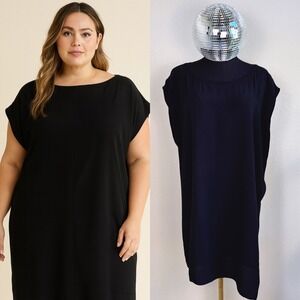 EILEEN FISHER Black Cap Sleeve Shift Dress, 100% Silk, Large, Asymmetrical Hem